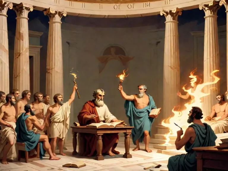 Ilustración 3. Imagen titulada El enfoque científico-filosófico de Aristóteles. Fuente: La Biblioteca Filosófica (2023). Recuperado de https://labibliotecafilosofica.com/wp-content/uploads/2023/11/AlbedoBase_XL_Envision_a_torchlit_room_in_the_Academy_of_Athen_0-768x576.webp. Ilustración 3. Imagen titulada El enfoque científico-filosófico de Aristóteles. Fuente: La Biblioteca Filosófica (2023). Recuperado de https://labibliotecafilosofica.com/wp-content/uploads/2023/11/AlbedoBase_XL_Envision_a_torchlit_room_in_the_Academy_of_Athen_0-768x576.webp.